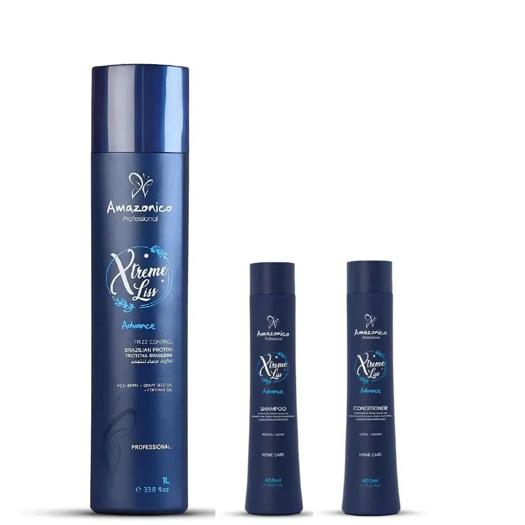 Amazonico Professional Xtreme Liss Brazilian Protein Hair Treatment set with 1L treatment and two 400ml shampoo and conditioner bottles
