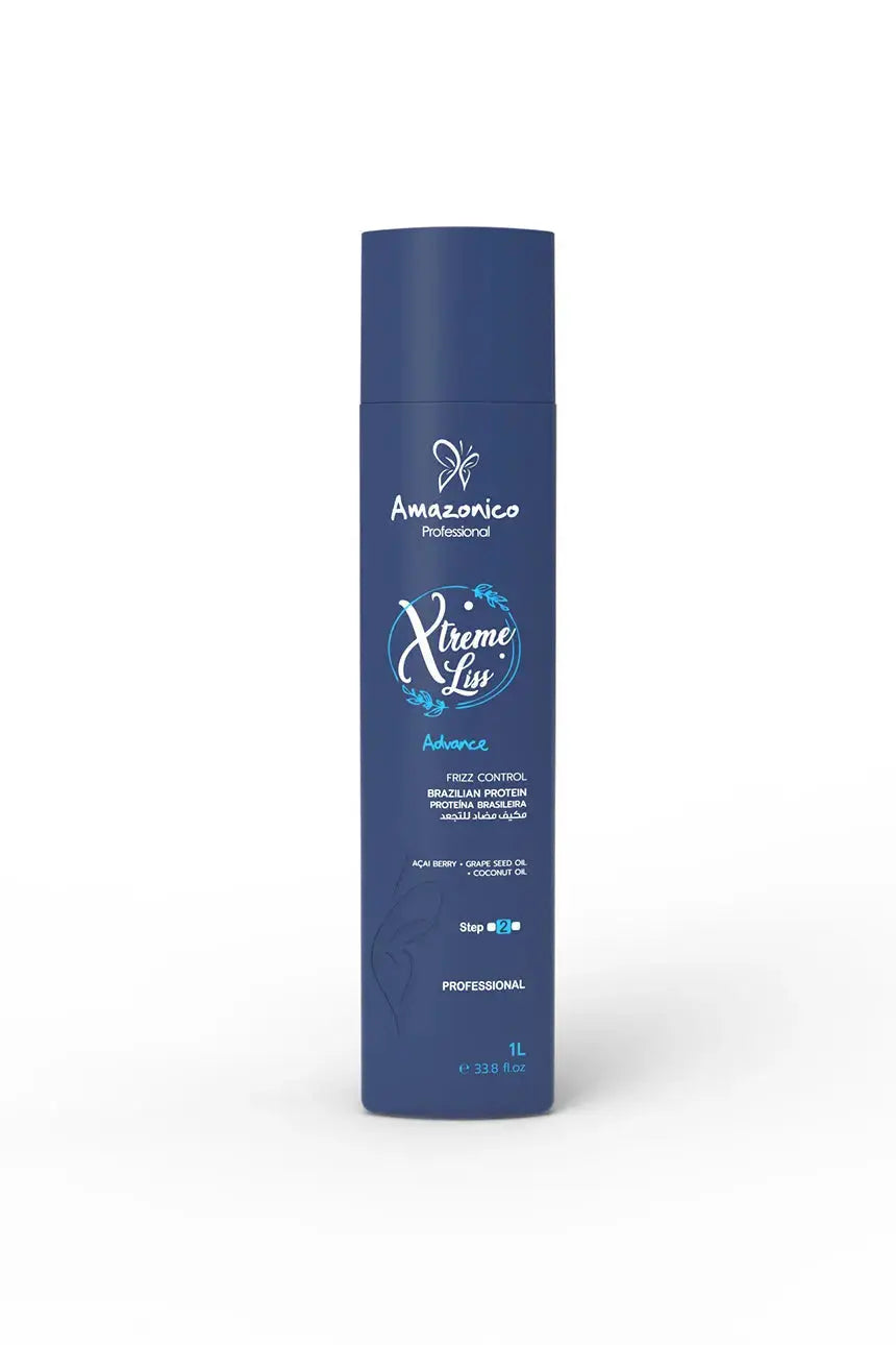Amazonico Professional Xtreme Liss Advance Brazilian protein hair treatment set with 1L treatment and two 400ml shampoo and conditioner bottles.