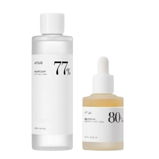 Anua Acne Care Set with 250ml toner and 30ml acne-fighting ampoule, featuring clear bottles on a clean background.