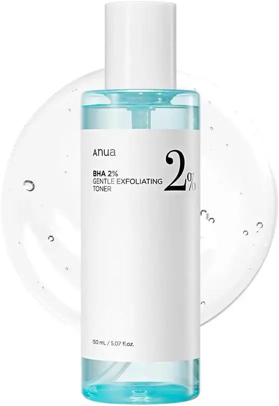 Anua BHA 2% Gentle Exfoliating Toner in a 150ml bottle, featuring clear liquid and minimalist label design.