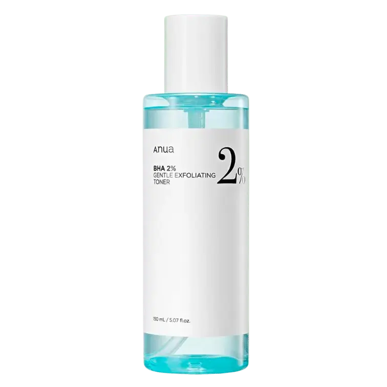 Anua BHA 2% Gentle Exfoliating Toner in a 150ml bottle, featuring clear liquid and minimalist label design.