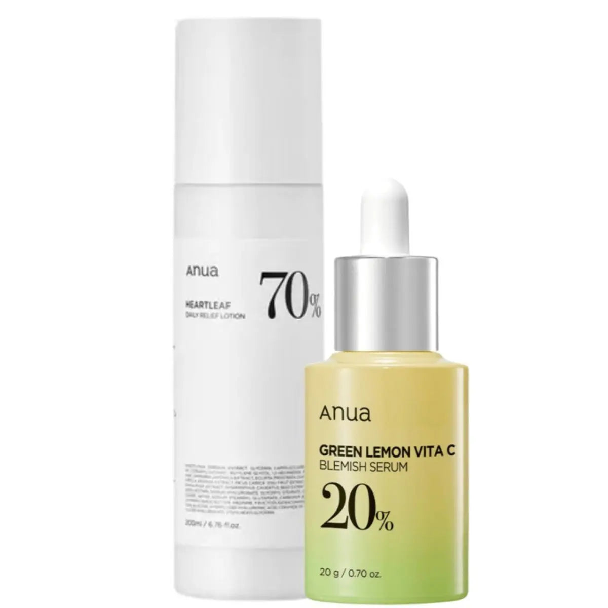 Anua Green Lemon Vita C & Heartleaf 70 Daily Lotion and Serum bottle, bright green packaging with lemon and leaf illustrations