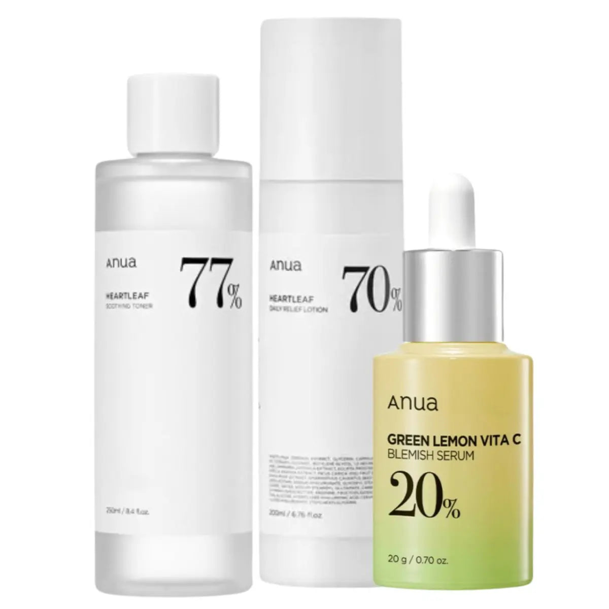 Anua Green Lemon Vita C & Heartleaf 70 daily lotion and soothing toner set with lotion, toner, and serum in white bottles