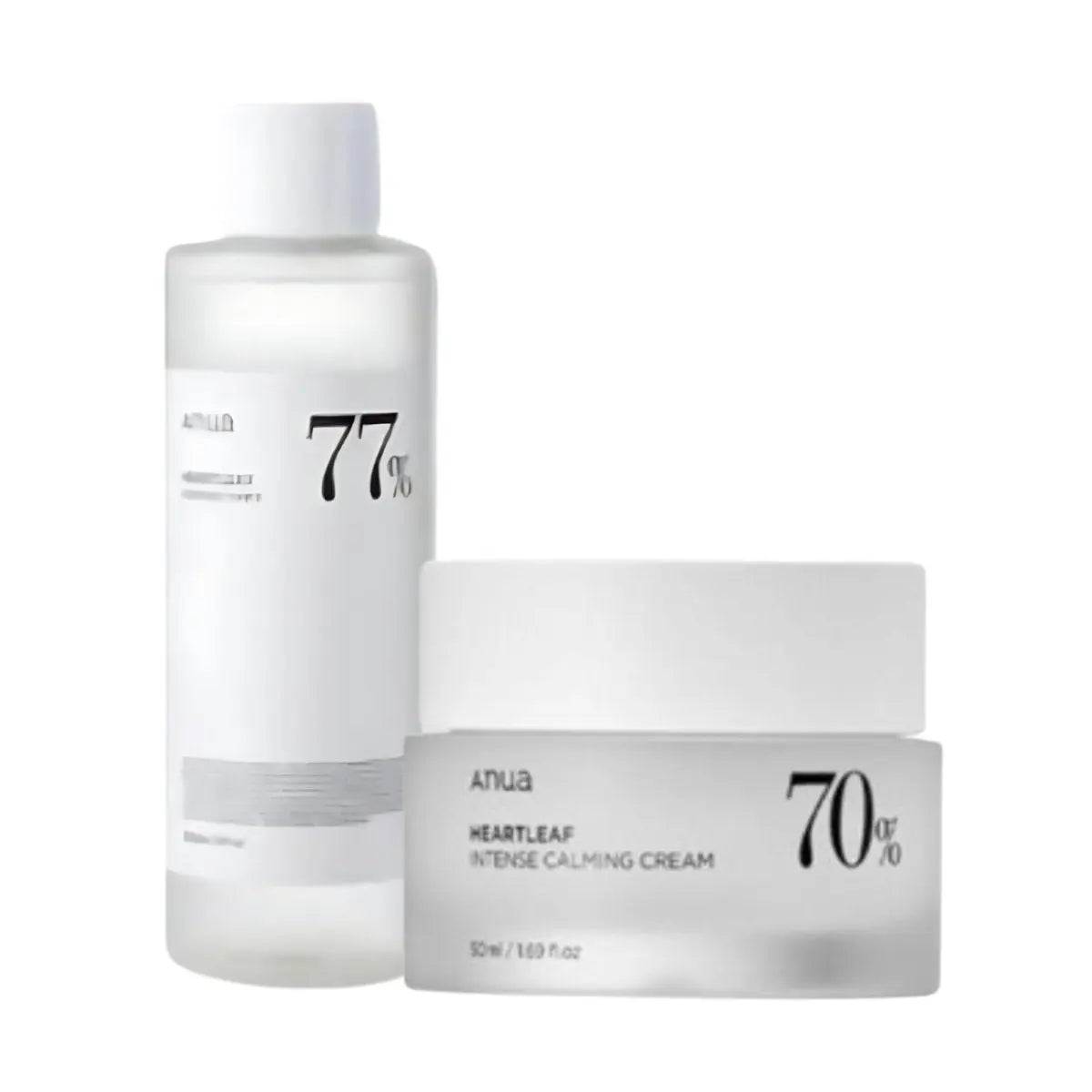 Anua Heartleaf 70% Intense Calming Cream and Toner set with soothing cream and refreshing toner in white bottles