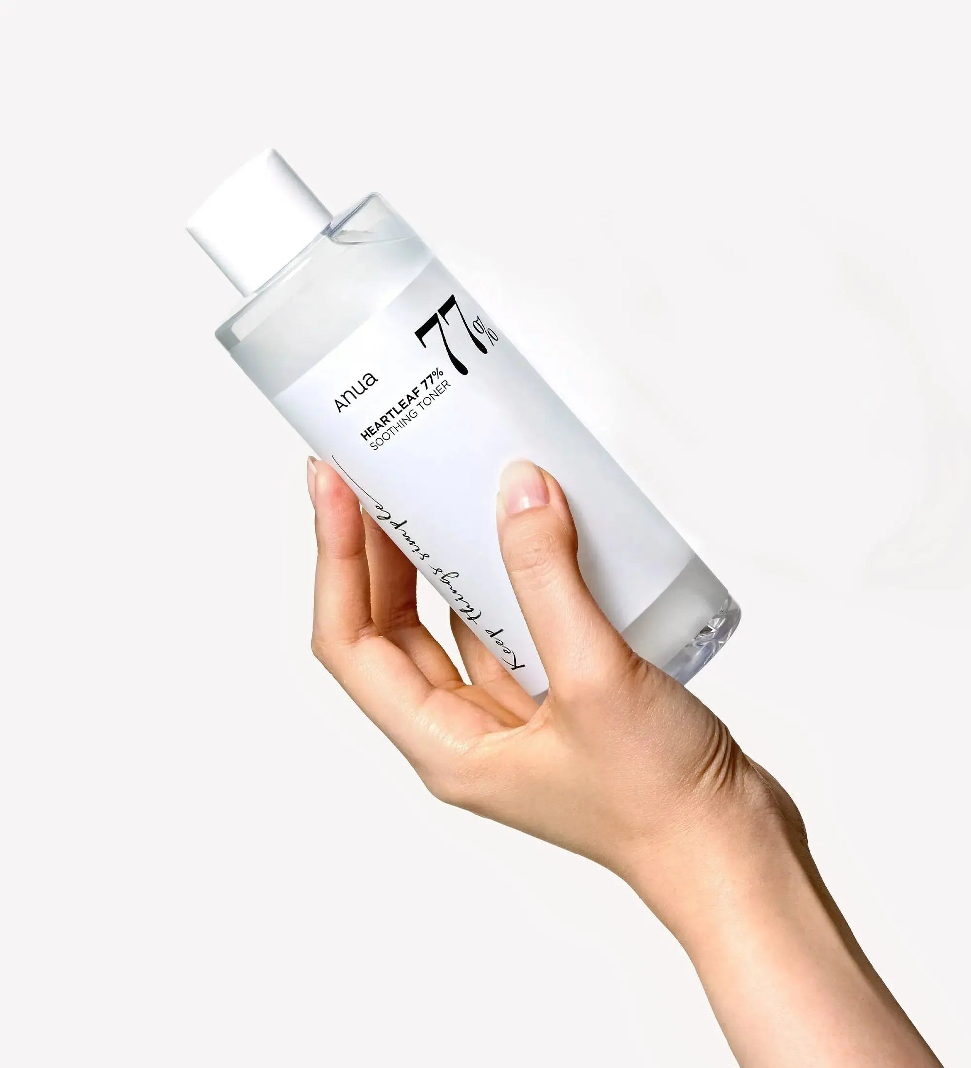 Anua Heartleaf 77% Soothing Toner in a 250ml bottle, with clear label and cap, designed for calming skin.