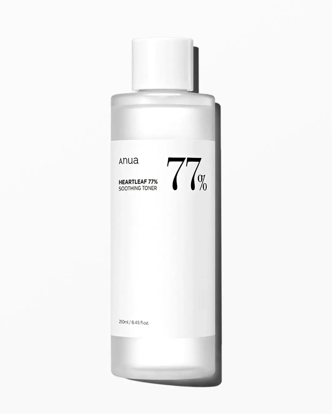 ANUA Heartleaf 77% Soothing Toner in a 250ml bottle, clear liquid with a minimalist label, designed for calming skin.