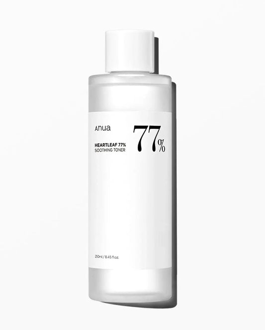 ANUA Heartleaf 77% Soothing Toner in a 250ml bottle, clear liquid with a minimalist label, designed for calming skin.