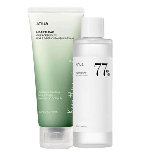 Anua Heartleaf Cleansing Foam and Soothing Toner set with white bottles and labels, ideal for gentle skincare and hydration.