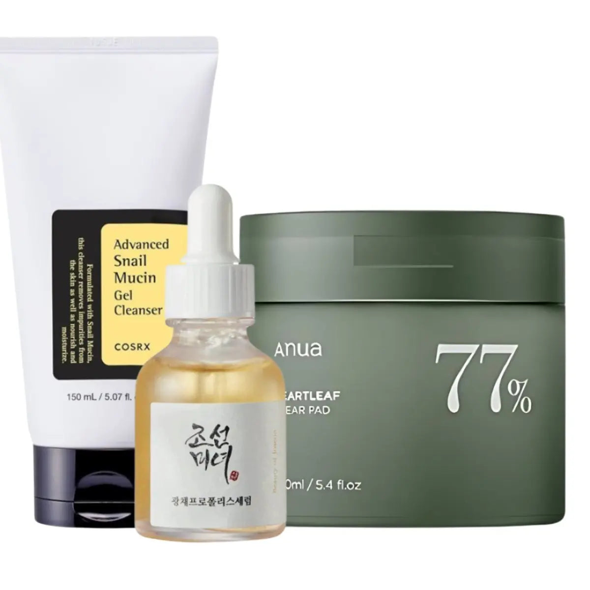 Anua Heartleaf Clearpad, BOJ Glow Serum, and COSRX Snail Gel Cleanser set with skincare products and packaging.