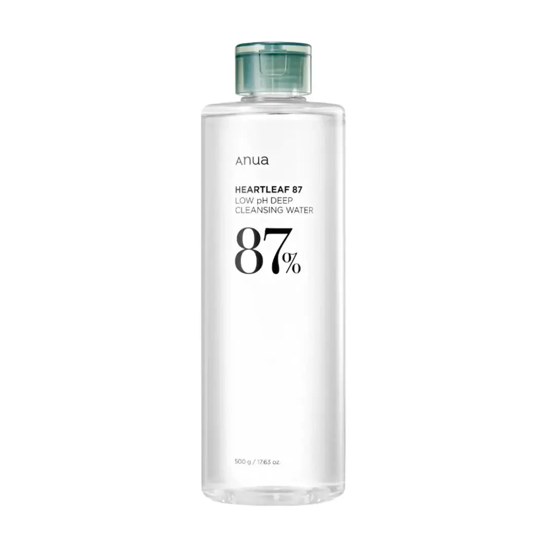ANUA Heartleaf Low pH Deep Cleansing Water 500ml bottle with clear label and white cap, designed for gentle facial cleansing.