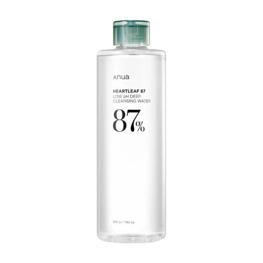 ANUA Heartleaf Low pH Deep Cleansing Water 500ml bottle with clear label and white cap, designed for gentle facial cleansing.