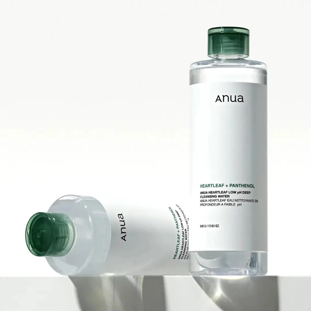 ANUA Heartleaf Low pH Deep Cleansing Water in 500 ml bottle, showing clear liquid and minimalist label design.