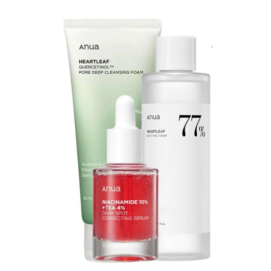 Anua Heartleaf Quercetinol Pore Deep Cleansing Foam, Heartleaf 77% Soothing Toner, and Niacinamide 10% + TXA 4% serum set.