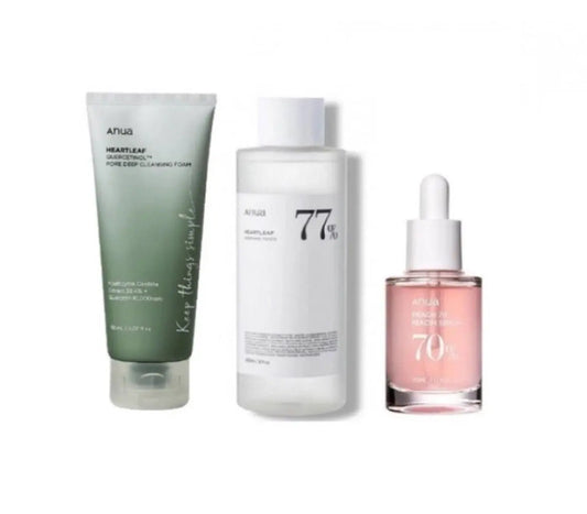 Anua Heartleaf Series 2 skincare set including cleanser, toner, and serum with natural ingredients for hydrating and soothing skin.