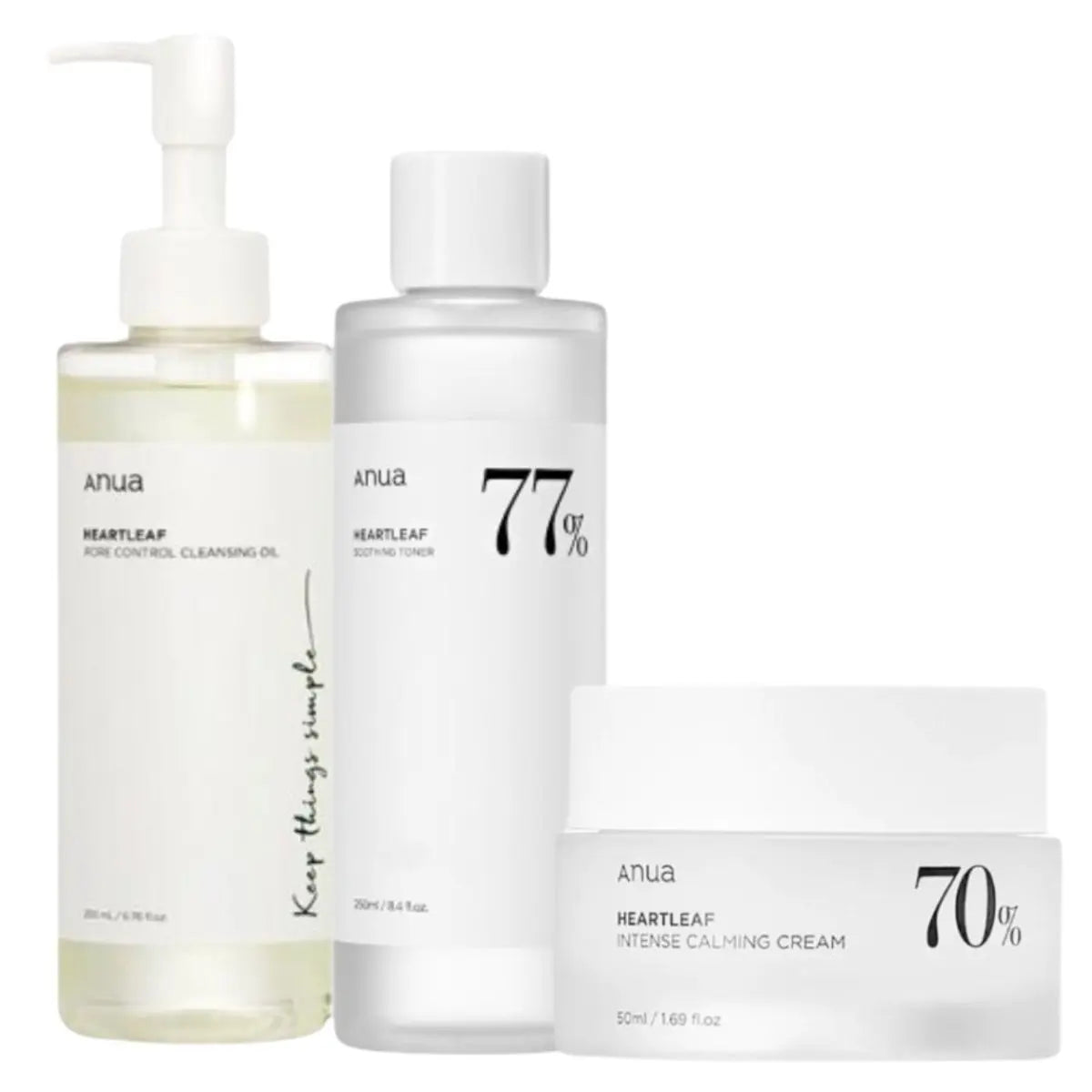 Anua Heartleaf Set including toner, cleansing oil, and cream for skincare, displayed in a natural, skincare product arrangement.