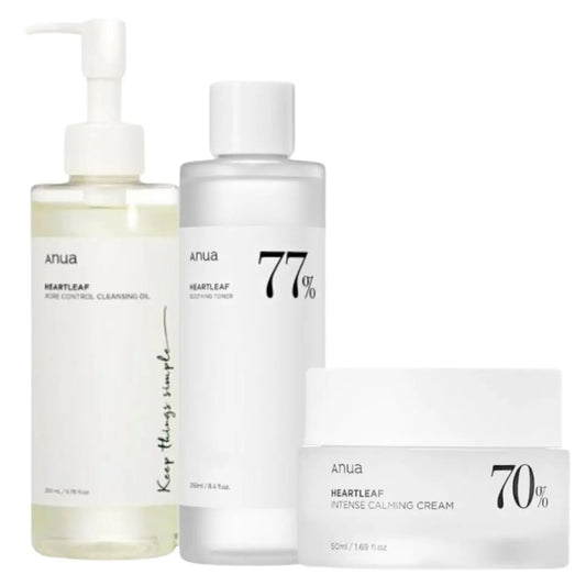 Anua Heartleaf Set including toner, cleansing oil, and cream for skincare, displayed in a natural, skincare product arrangement.