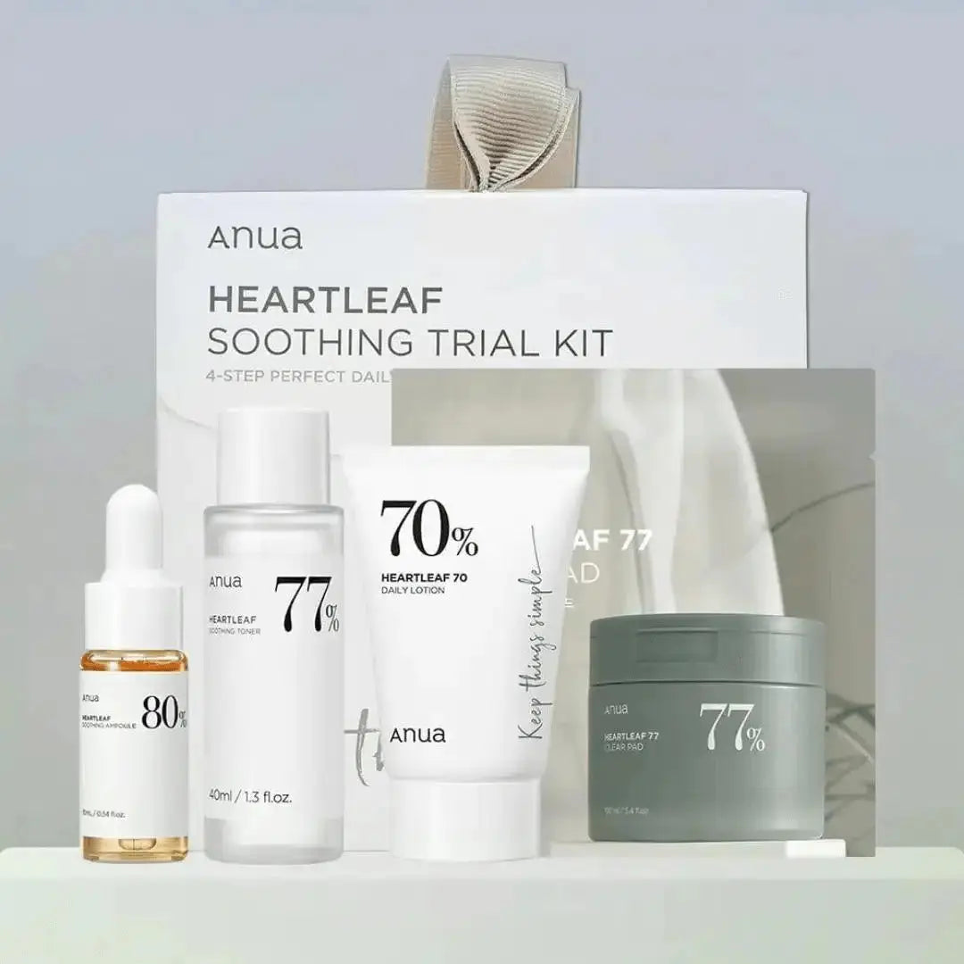 ANUA Heartleaf Soothing Trial Kit with skincare products featuring heartleaf extract and calming ingredients for sensitive skin.