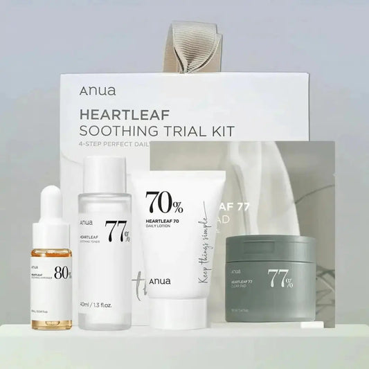 ANUA Heartleaf Soothing Trial Kit with skincare products featuring heartleaf extract and calming ingredients for sensitive skin.