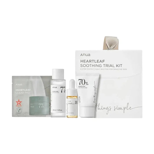 ANUA Heartleaf Soothing Trial Kit with skincare products displayed in the kit, designed for calming and hydrating skin.