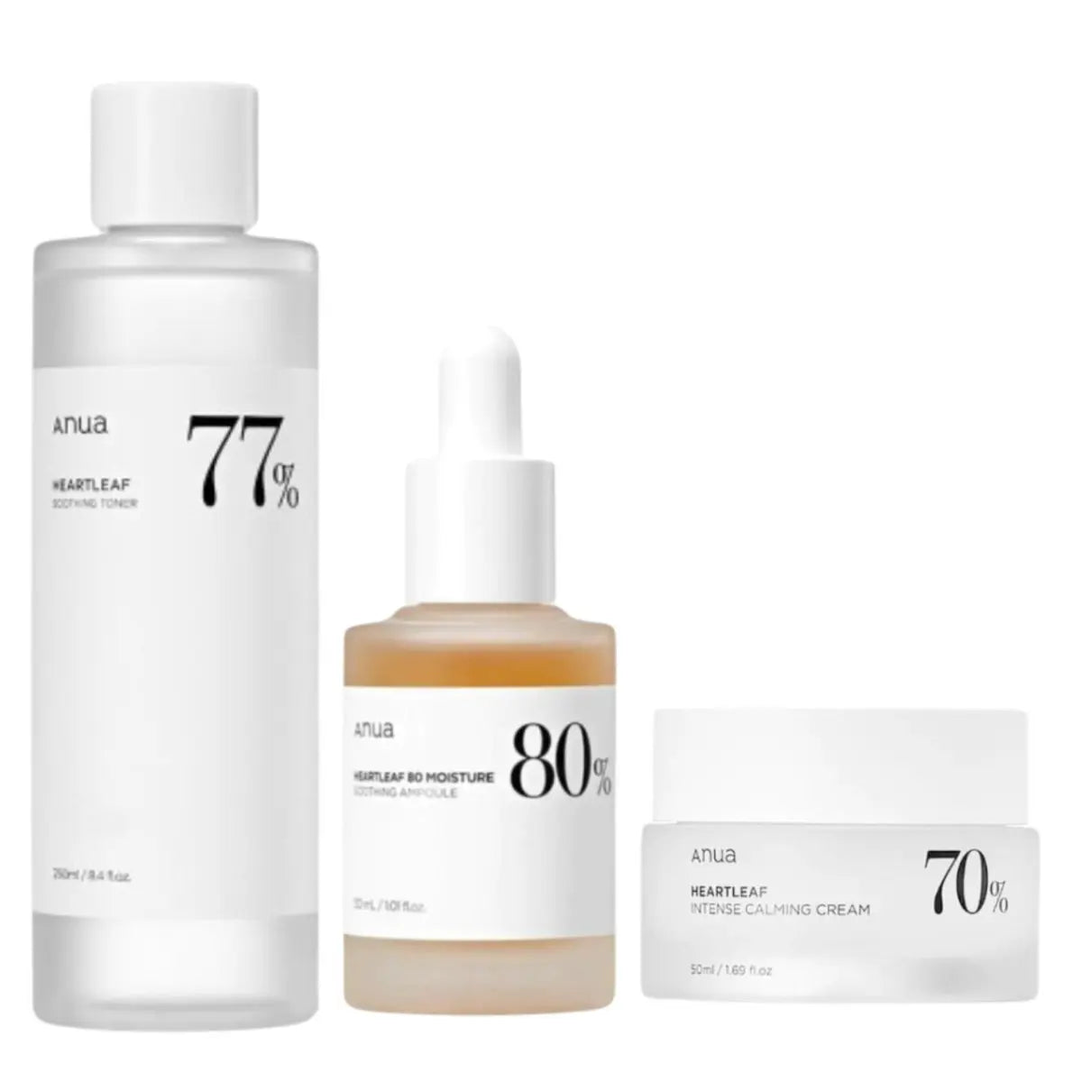 Anua Heartleaf toner, serum, and cream set featuring skincare products with natural ingredients in white containers.