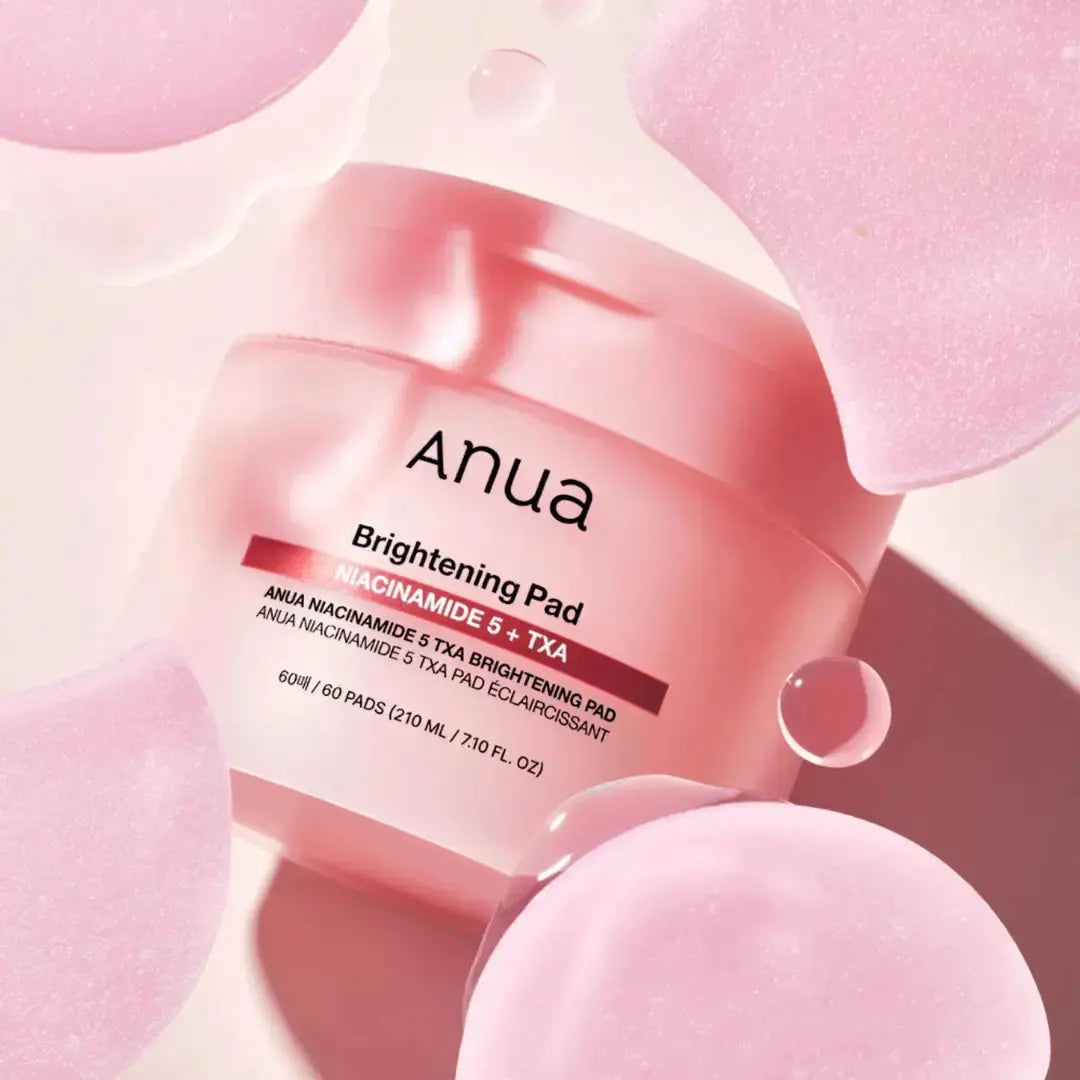 ANUA Niacinamide 5% and TXA brightening pad with 60 soft cotton pads for skin brightening and tone improvement.