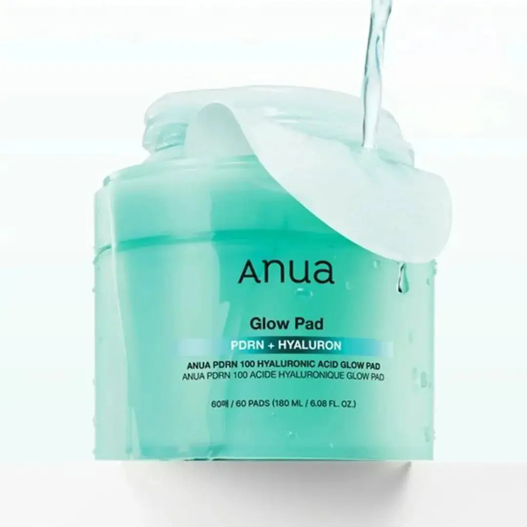 ANUA PDRN 100 Hyaluronic Acid Glow Pad with 60 soothing skincare pads for hydration and skin radiance.