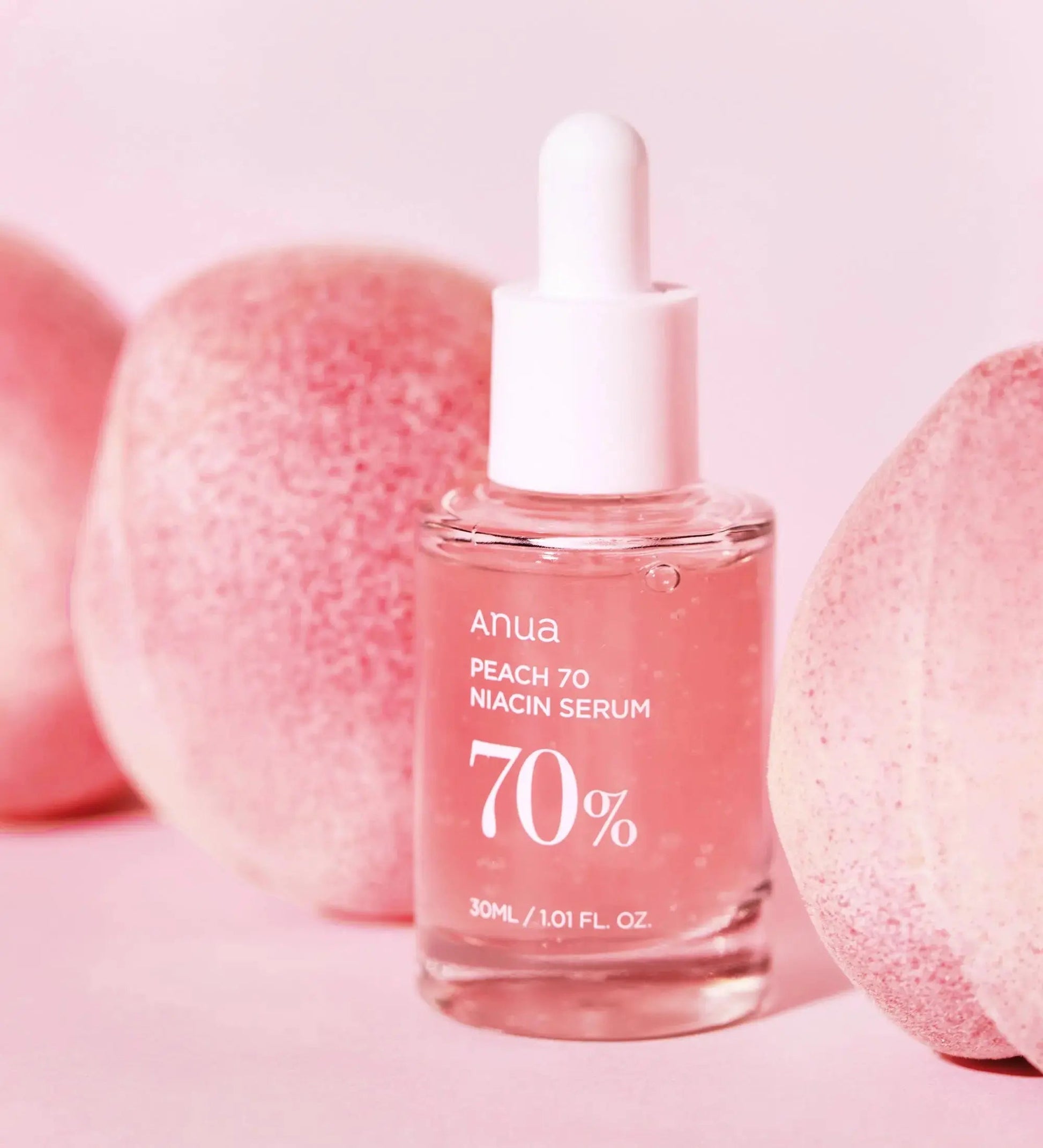 ANUA Peach 70% Niacinamide Serum 30 ml bottle with a clean, minimalist design and a peach-colored label.