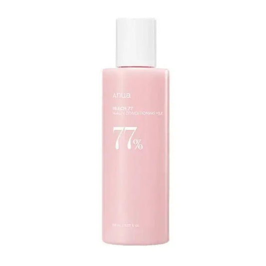 Anua Peach 77 Niacin Conditioning Milk moisturizer bottle, 150 ml, with peach and niacin ingredients for nourishing skin.