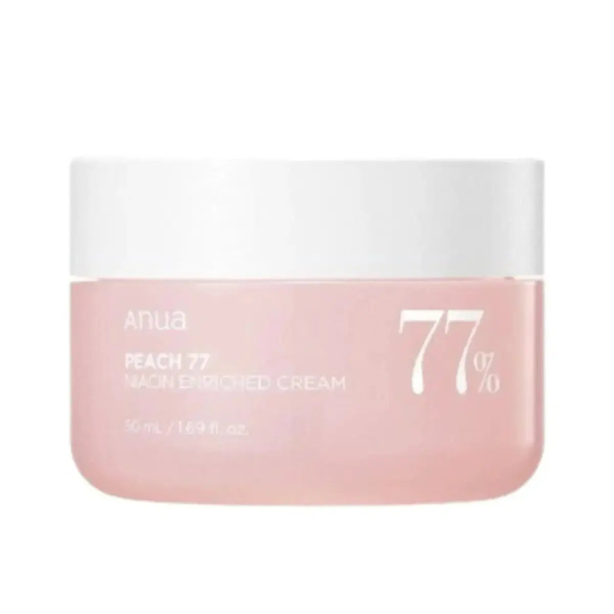 ANUA Peach 77% Niacin Enriched Cream in a 50ml jar, showcasing the creamy texture and peach-inspired packaging.