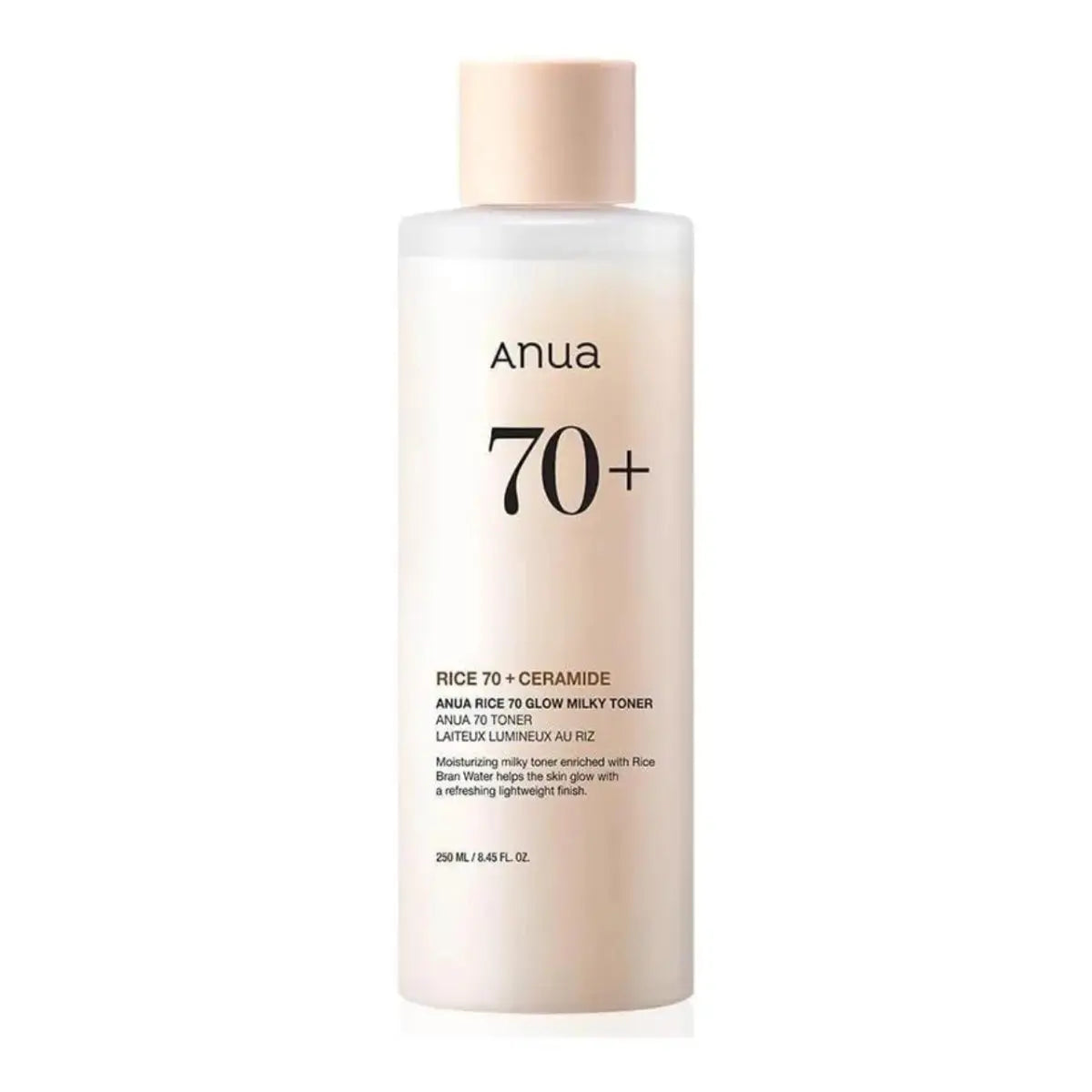 ANUA Rice 70 Glow Milky Toner in 250ml bottle, showing the product's packaging and label with a soft, glowing design.