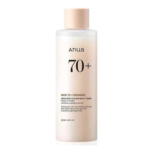 ANUA Rice 70 Glow Milky Toner in 250ml bottle, showing the product's packaging and label with a soft, glowing design.