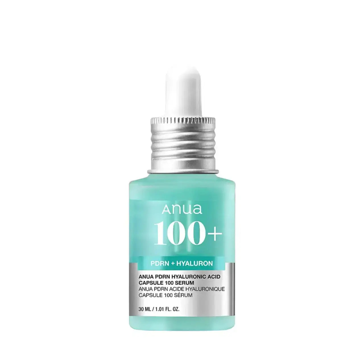 ANUA 100+ PDRN and Hyaluron Serum in a 30 ML bottle, featuring clear liquid with a modern label, designed for skin hydration and renewal.
