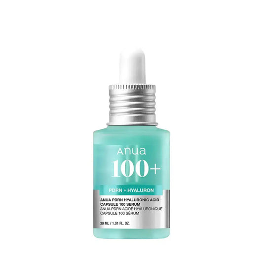 ANUA 100+ PDRN and Hyaluron Serum in a 30 ML bottle, featuring clear liquid with a modern label, designed for skin hydration and renewal.