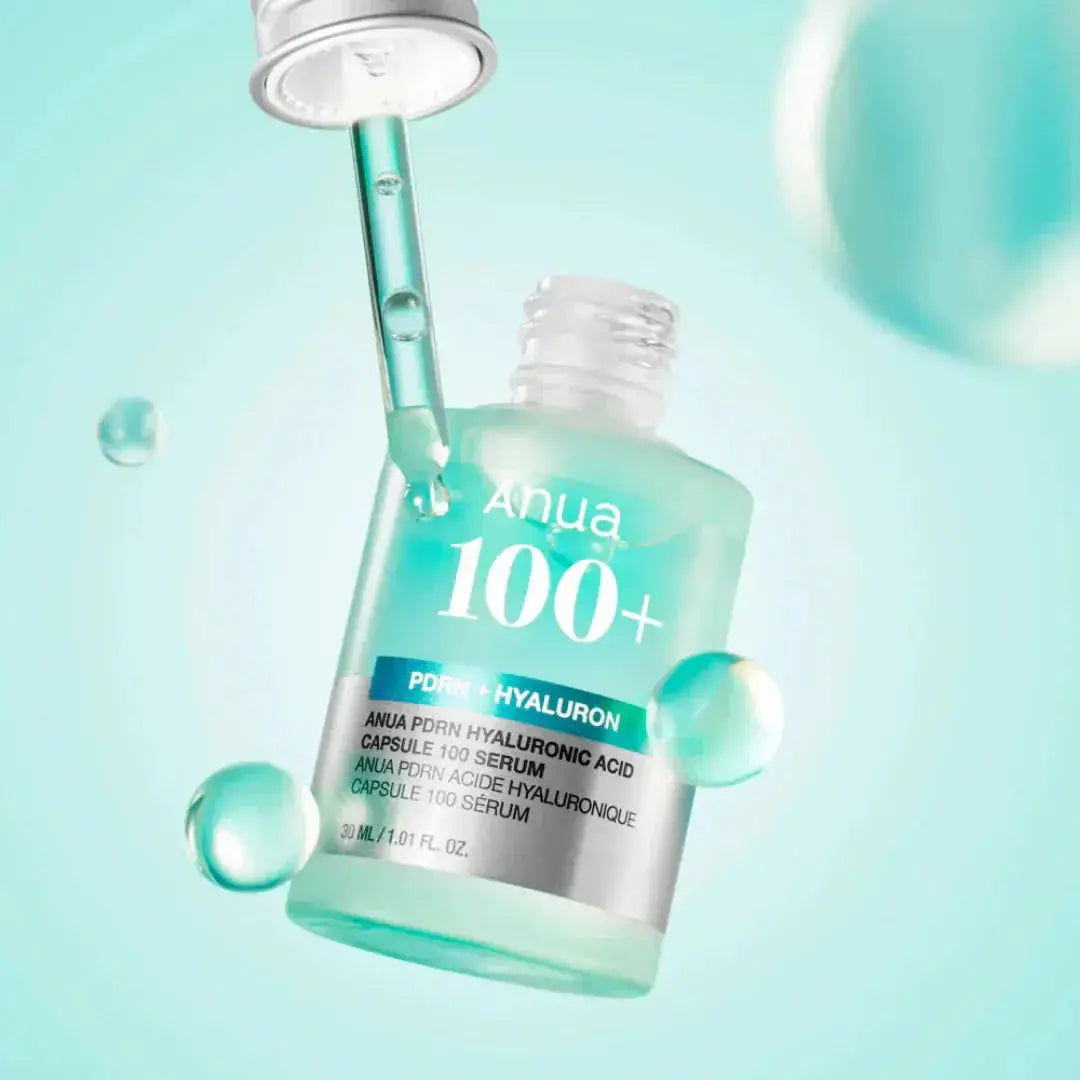 ANUA 100+ PDRN and Hyaluron Serum in a 30ML bottle, featuring a clear dropper cap and smooth serum texture.