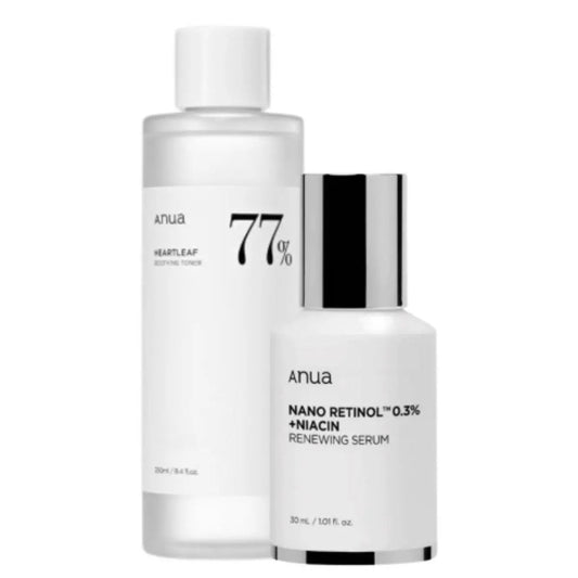 Anua Soothing Toner and Renewing Serum set with white bottles, designed for skincare hydration and renewal.