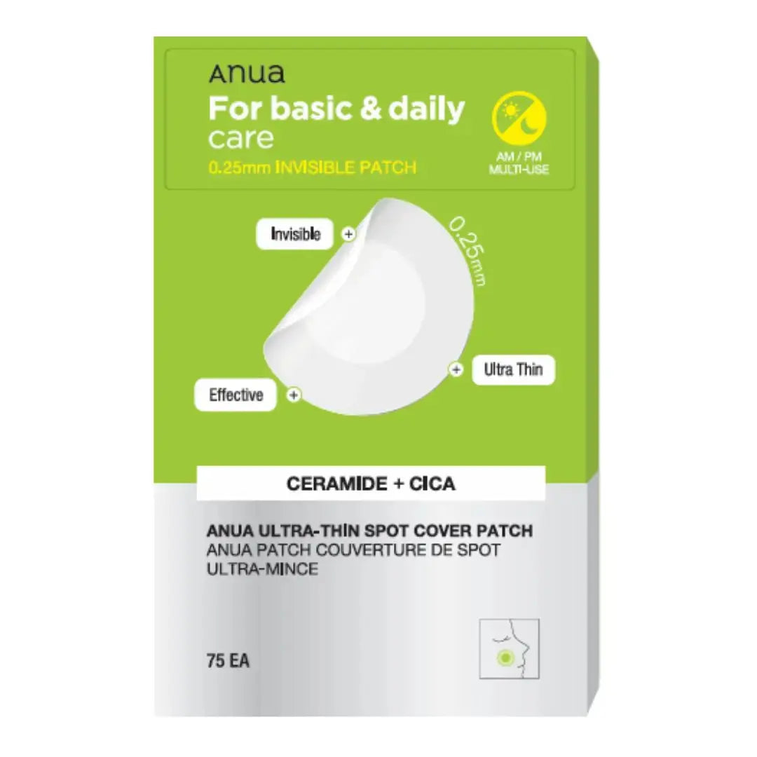 ANUA Ultra Thin Spot Cover Patches for acne treatment, 75 individual discreet spot treatment patches on a white background.