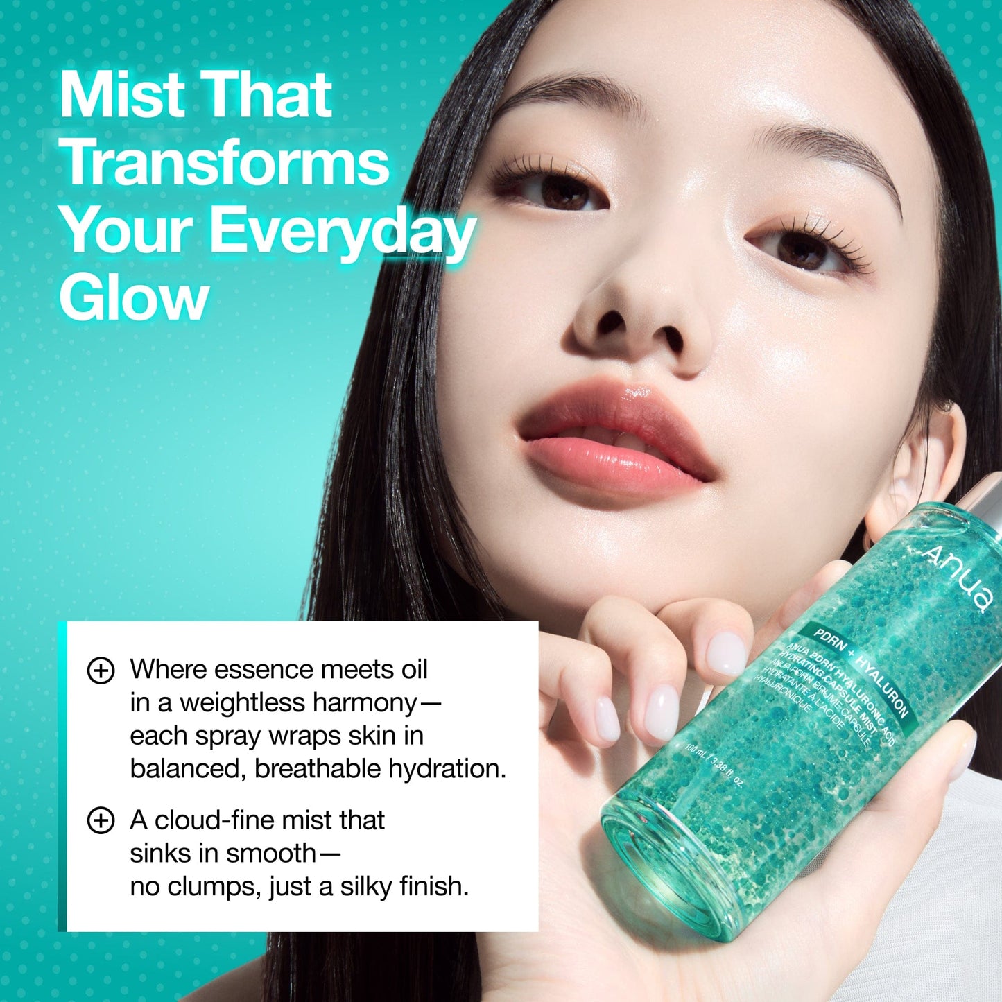 ANUA PDRN Collagen Glow Facial Serum Spray bottle with clear, lightweight ampoule design and hydration capsule mist label.