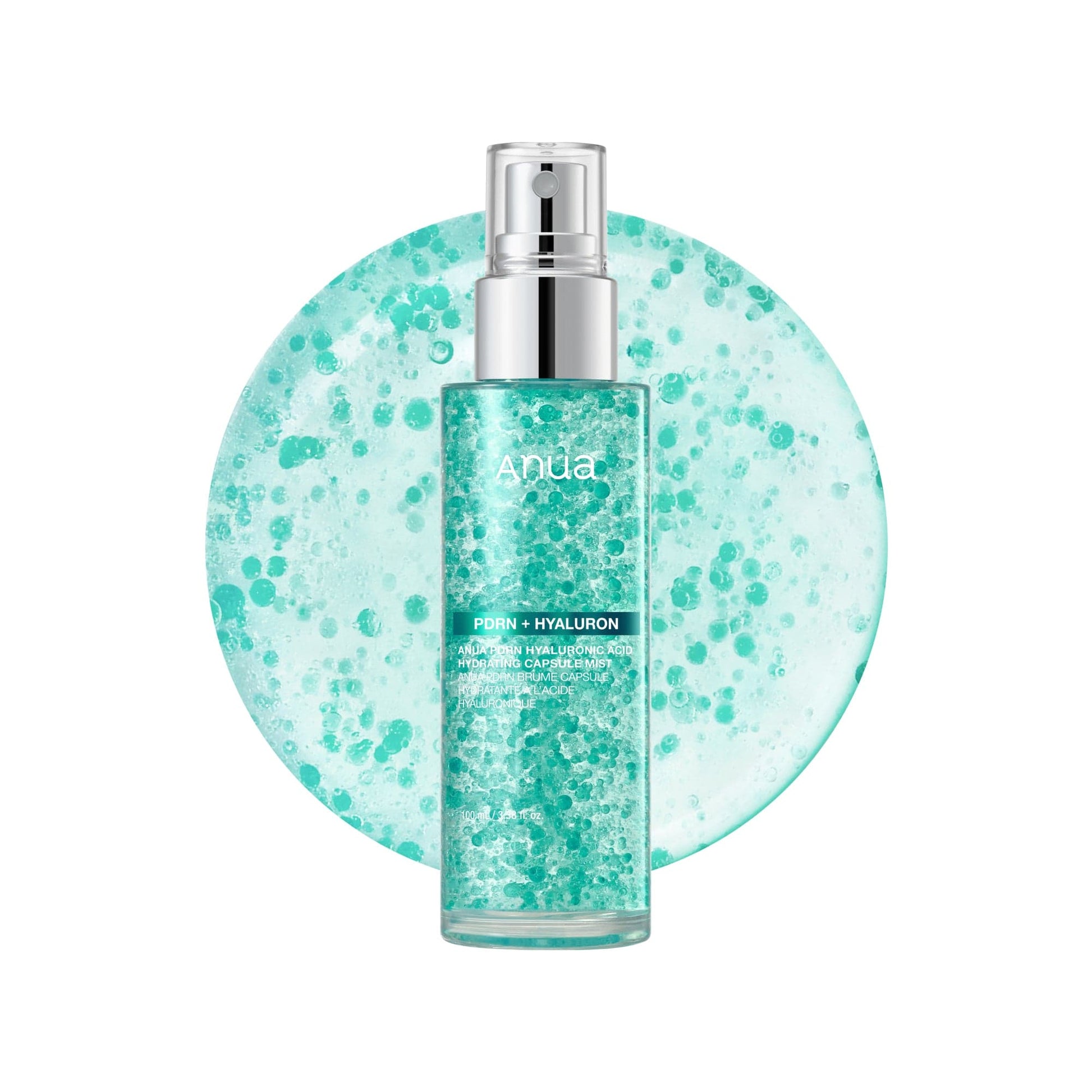 ANUA PDRN Collagen Glow Facial Serum Spray in a clear bottle with a pump, featuring a sleek label and transparent liquid inside.