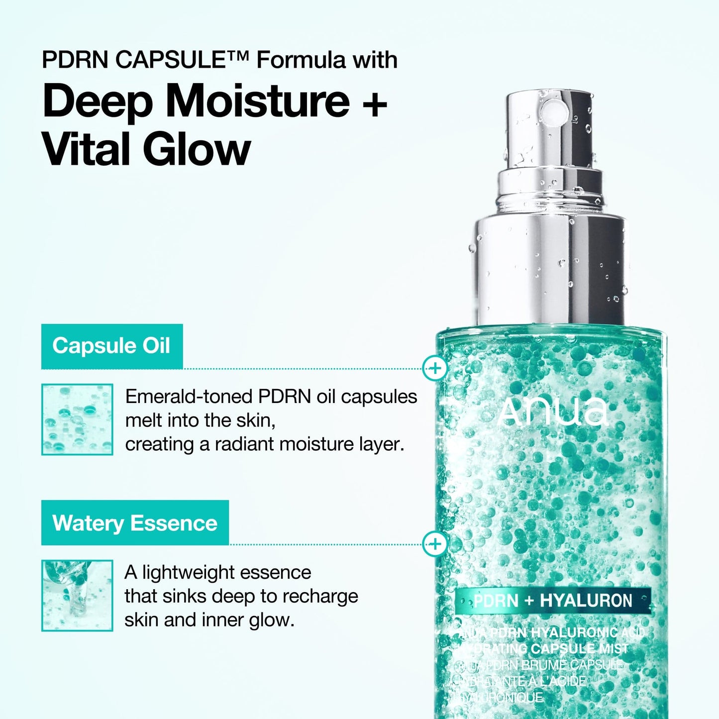 ANUA PDRN Collagen Glow Facial Serum Spray in a clear bottle with a spray nozzle, featuring a white and blue label.