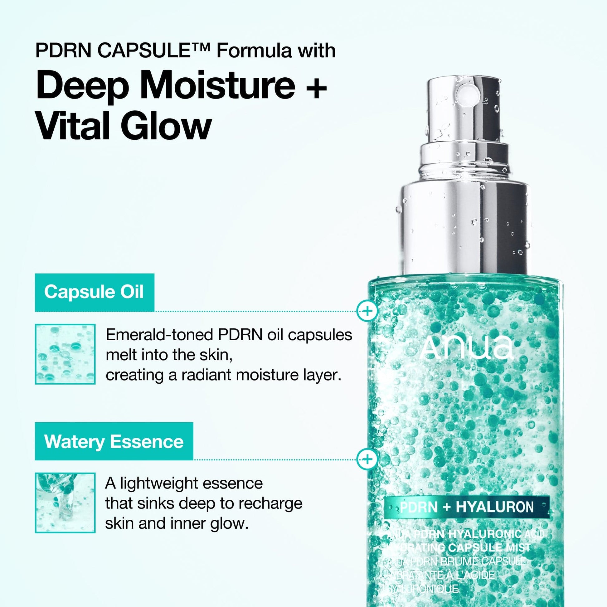 ANUA PDRN Collagen Glow Facial Serum Spray in a clear bottle with a spray nozzle, featuring a white and blue label.