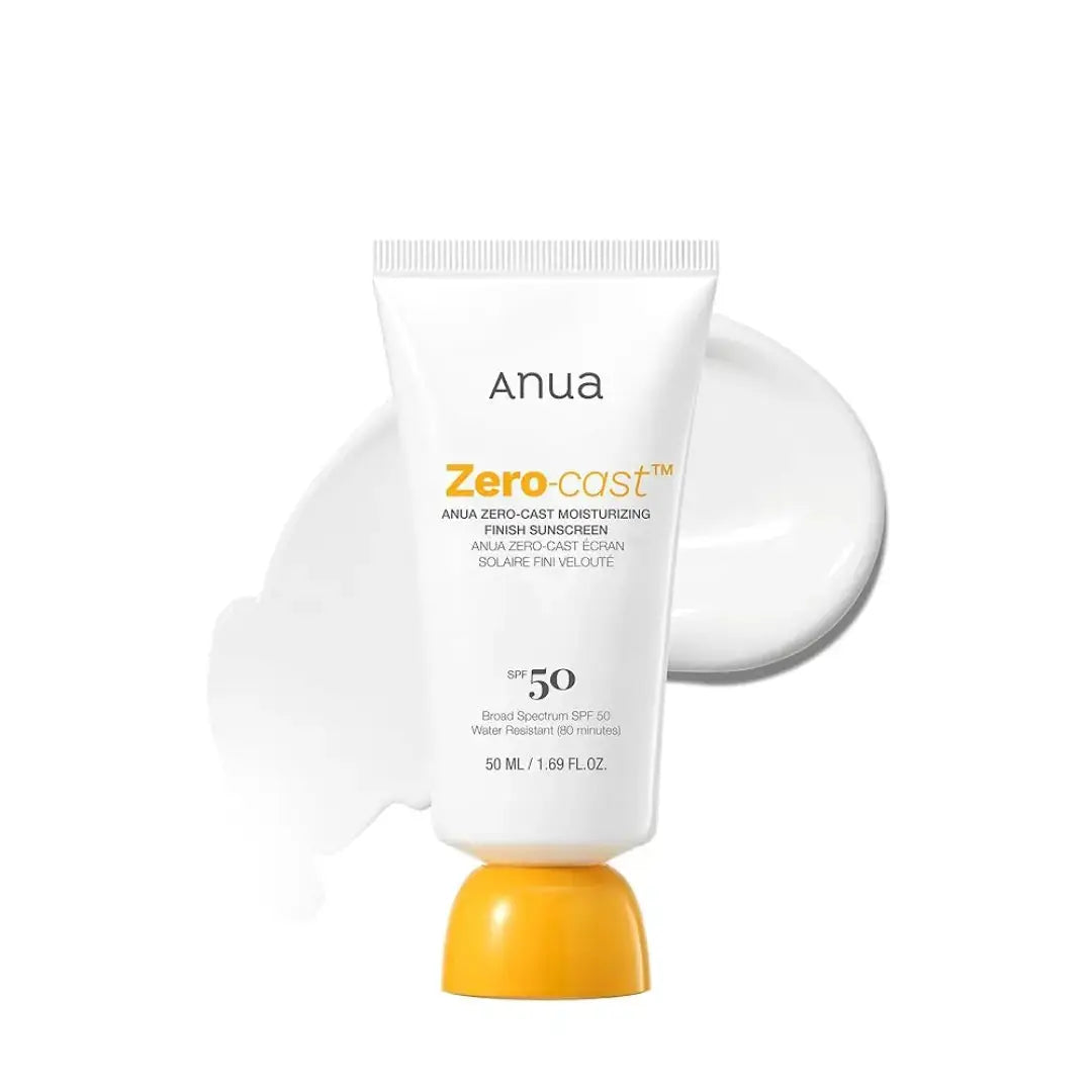 ANUA Zero-Cast Moisturizing Finish Sunscreen 50ml bottle with sleek packaging and pump dispenser, suitable for daily skincare.