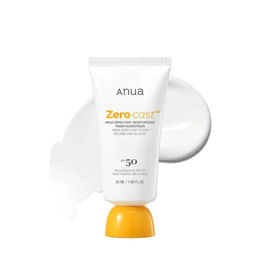 ANUA Zero-Cast Moisturizing Finish Sunscreen 50ml bottle with sleek packaging and pump dispenser, suitable for daily skincare.