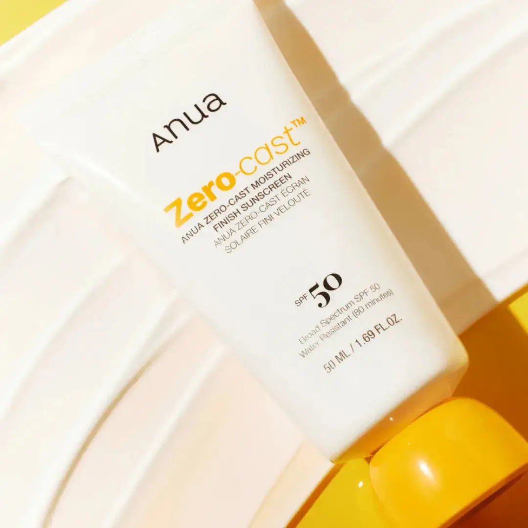 ANUA Zero-Cast Moisturizing Finish Sunscreen 50ml bottle with SPF protection and lightweight, hydrating formula.