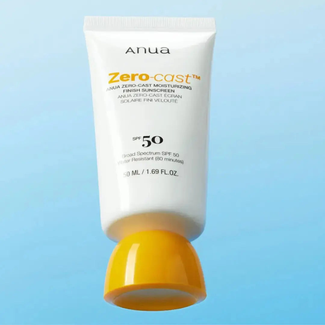 ANUA Zero-Cast Moisturizing Finish Sunscreen 50 ml bottle showing smooth, hydrating sunscreen with a white cap and clear packaging.