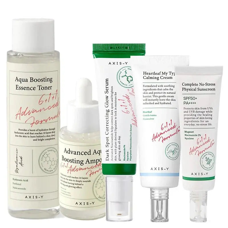 AXIS Y complete day and night skincare routine set with cleanser, toner, serum, and moisturizer for healthy skin.