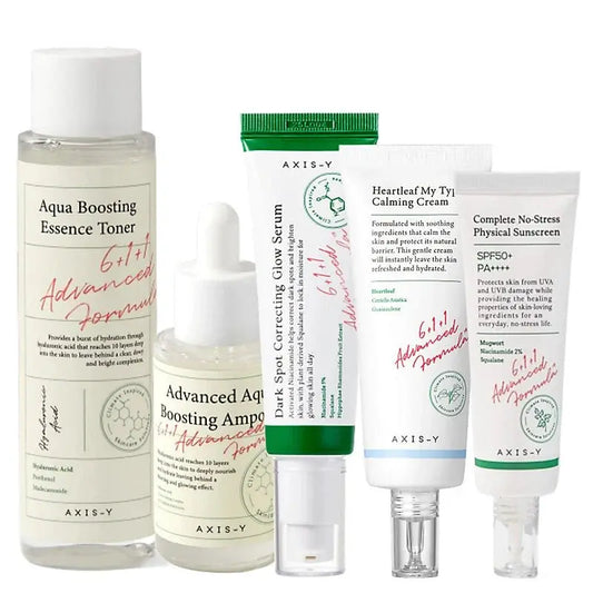 AXIS Y complete day and night skincare routine set with cleanser, toner, serum, and moisturizer for healthy skin.