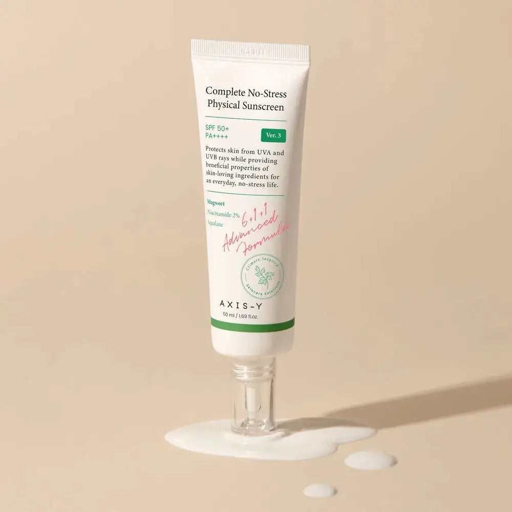 AXIS-Y Complete No-Stress Physical Sunscreen V.3 50ml bottle with white cap and label, showcasing the skincare product.