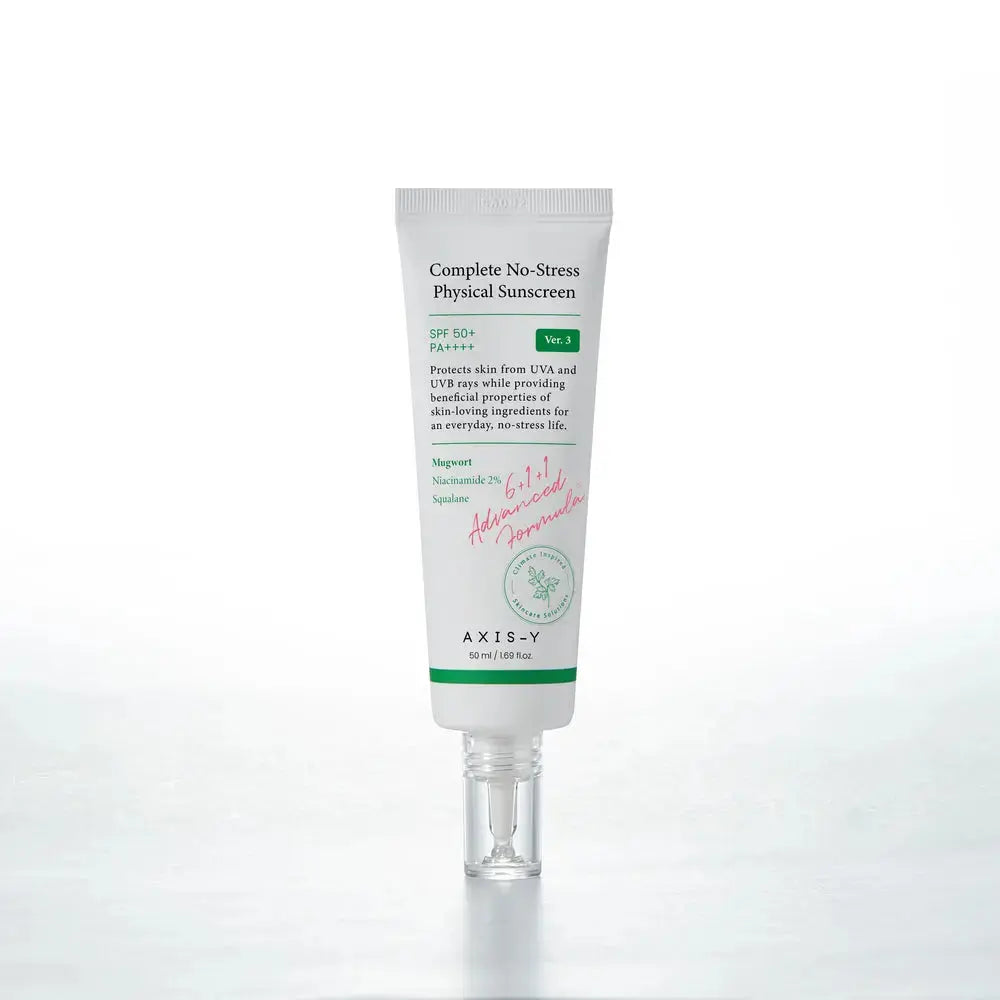 AXIS-Y Complete No-Stress Physical Sunscreen V.3 50ml bottle, featuring broad-spectrum sun protection and lightweight formula.