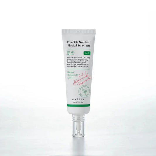 AXIS-Y Complete No-Stress Physical Sunscreen V.3 50ml bottle, featuring broad-spectrum sun protection and lightweight formula.
