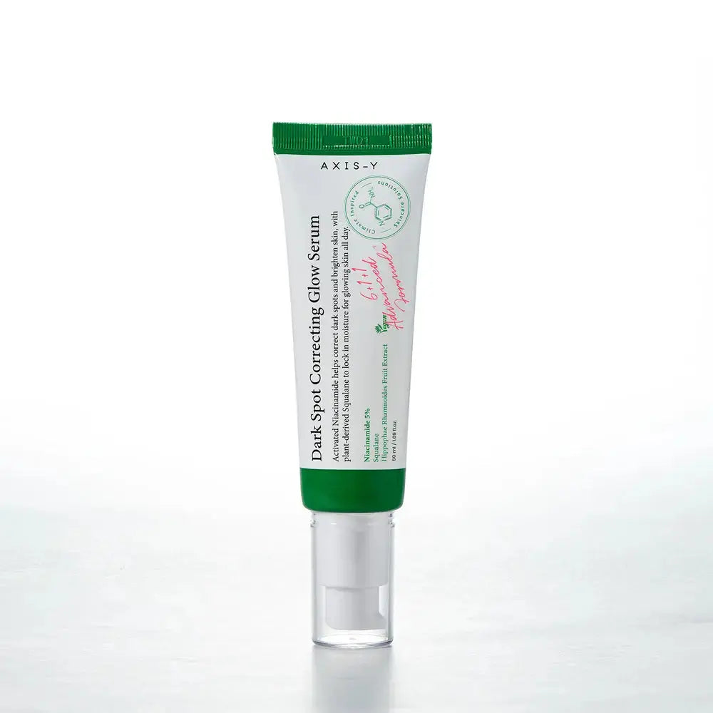 AXIS-Y Dark Spot Correcting Glow Serum 50 ml bottle with dropper, designed to reduce dark spots and enhance skin glow.